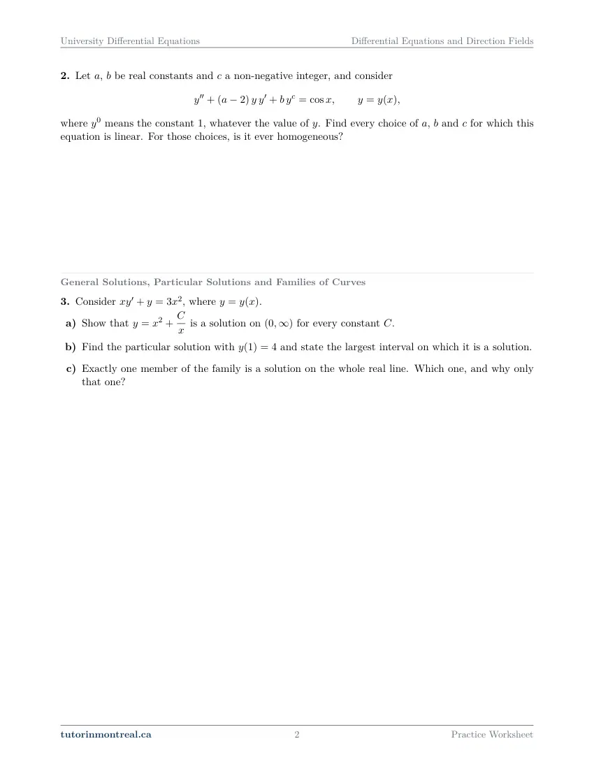 Page 2 of the University Differential Equations Differential Equations and Direction Fields practice worksheet