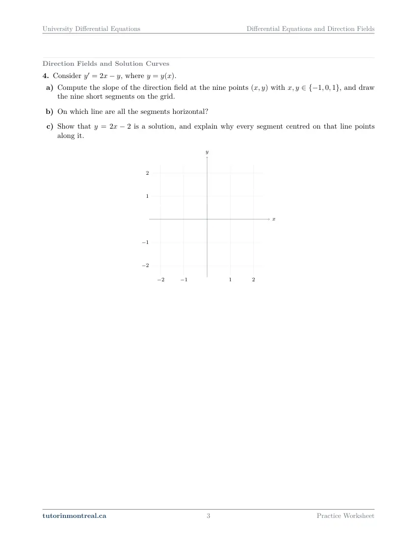 Page 3 of the University Differential Equations Differential Equations and Direction Fields practice worksheet