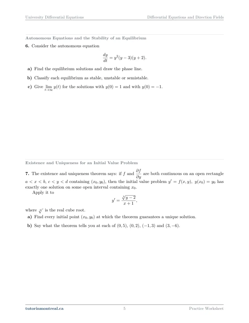 Page 5 of the University Differential Equations Differential Equations and Direction Fields practice worksheet
