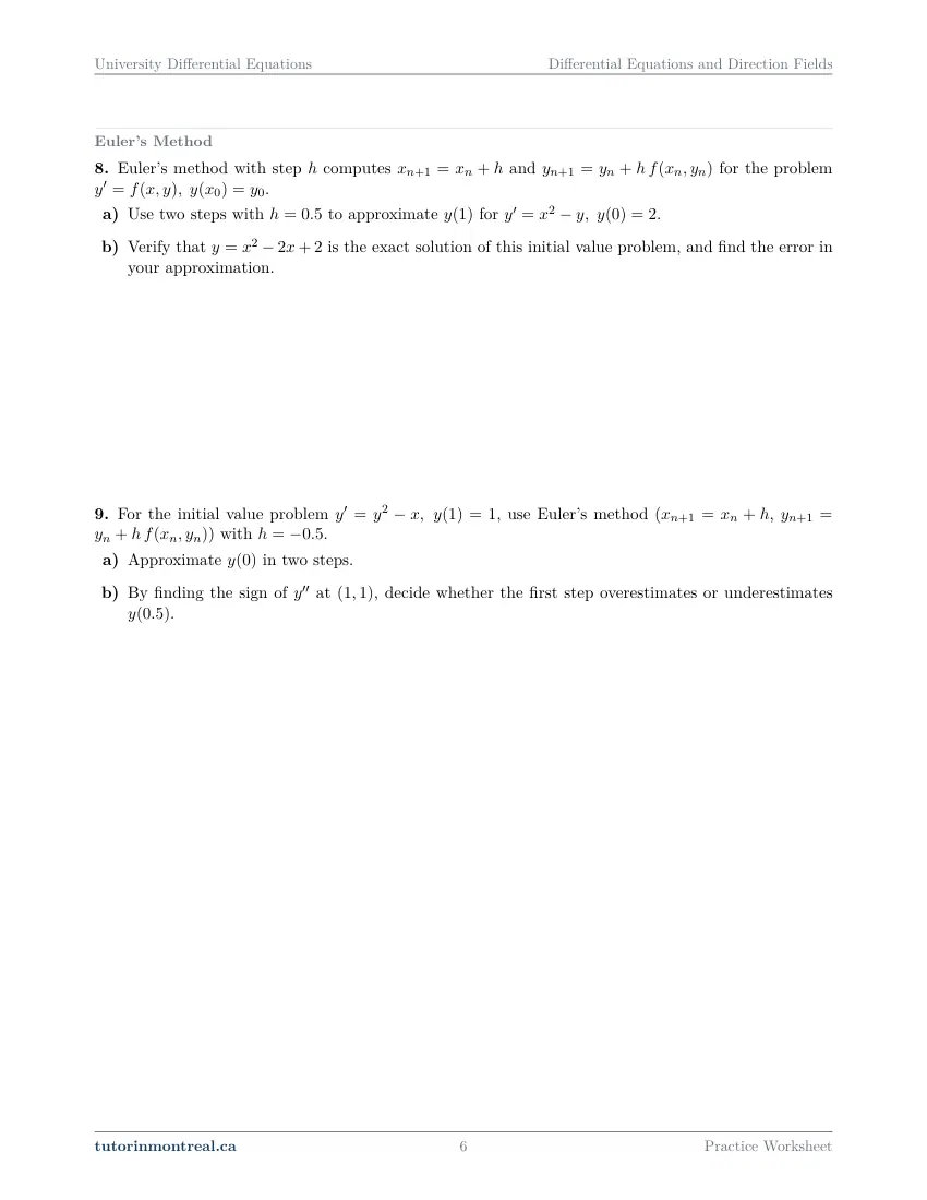 Page 6 of the University Differential Equations Differential Equations and Direction Fields practice worksheet