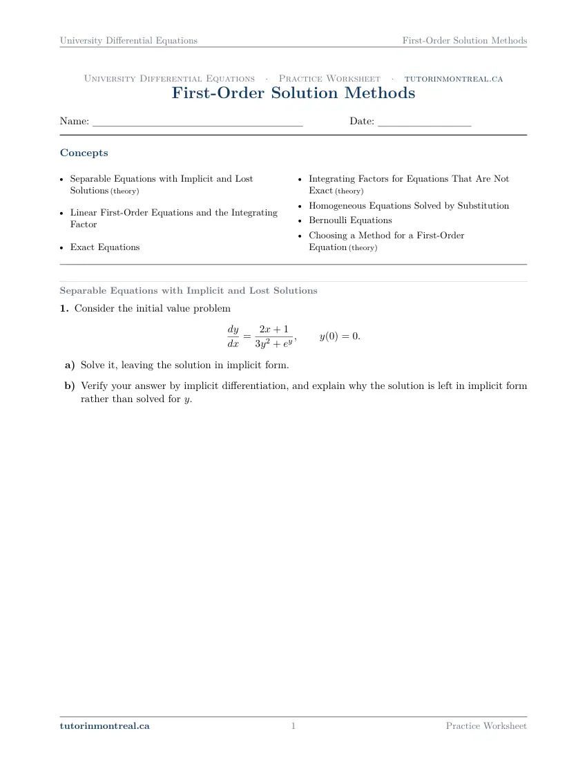 Page 1 of the University Differential Equations First-Order Solution Methods practice worksheet