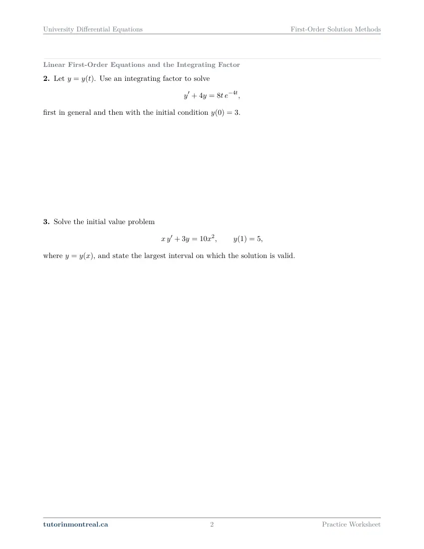 Page 2 of the University Differential Equations First-Order Solution Methods practice worksheet