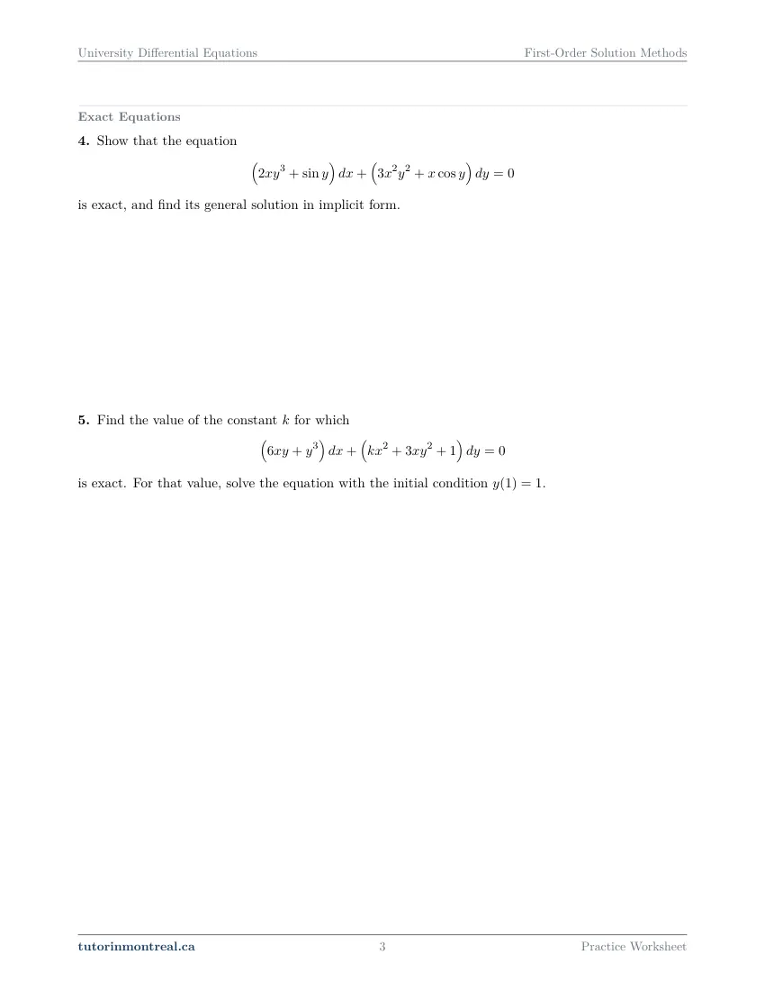 Page 3 of the University Differential Equations First-Order Solution Methods practice worksheet