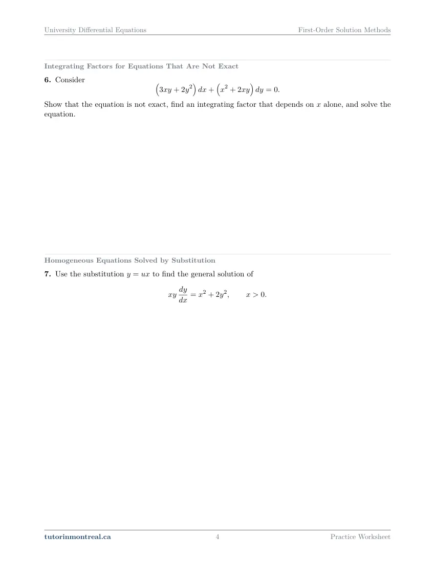 Page 4 of the University Differential Equations First-Order Solution Methods practice worksheet