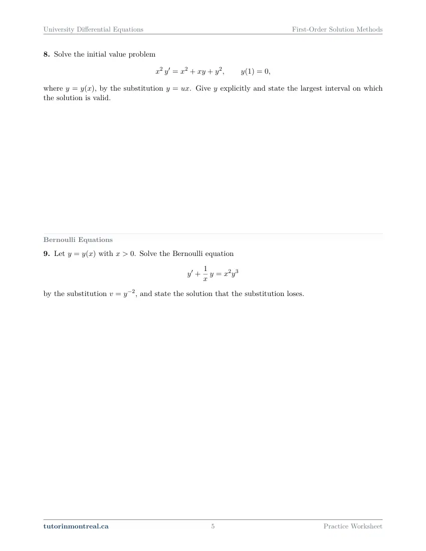 Page 5 of the University Differential Equations First-Order Solution Methods practice worksheet
