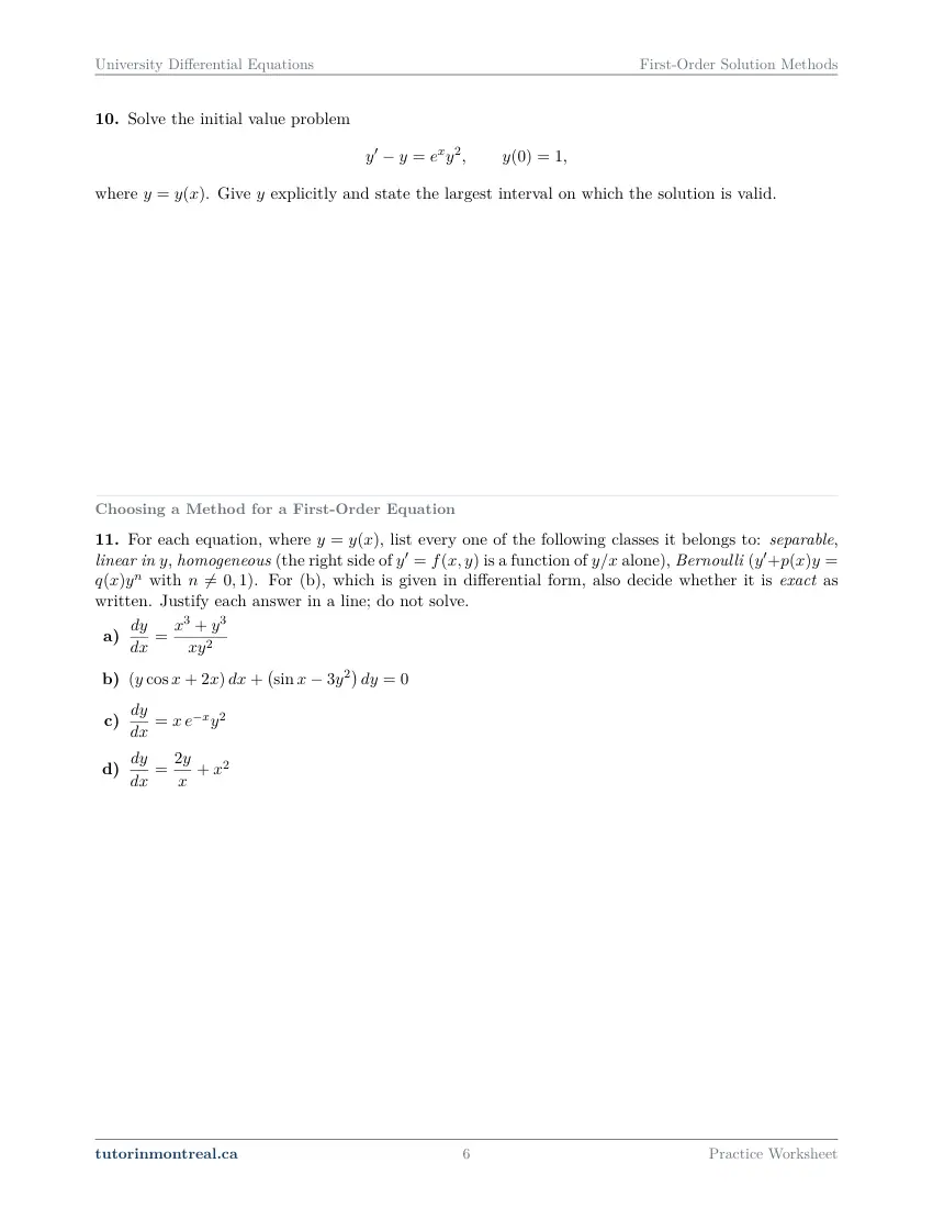 Page 6 of the University Differential Equations First-Order Solution Methods practice worksheet