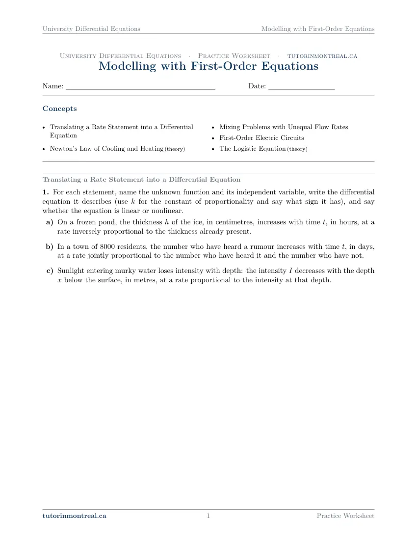 Page 1 of the University Differential Equations Modelling with First-Order Equations practice worksheet