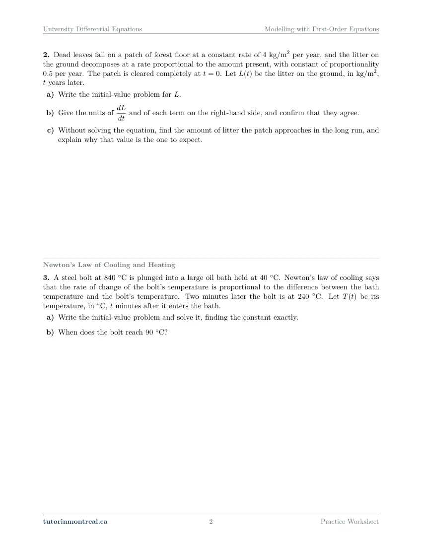 Page 2 of the University Differential Equations Modelling with First-Order Equations practice worksheet