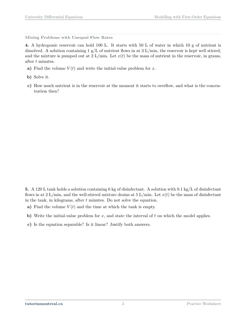 Page 3 of the University Differential Equations Modelling with First-Order Equations practice worksheet