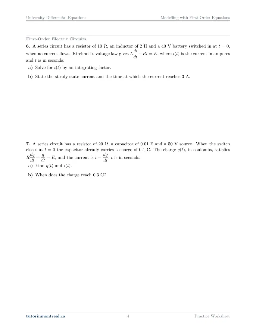 Page 4 of the University Differential Equations Modelling with First-Order Equations practice worksheet