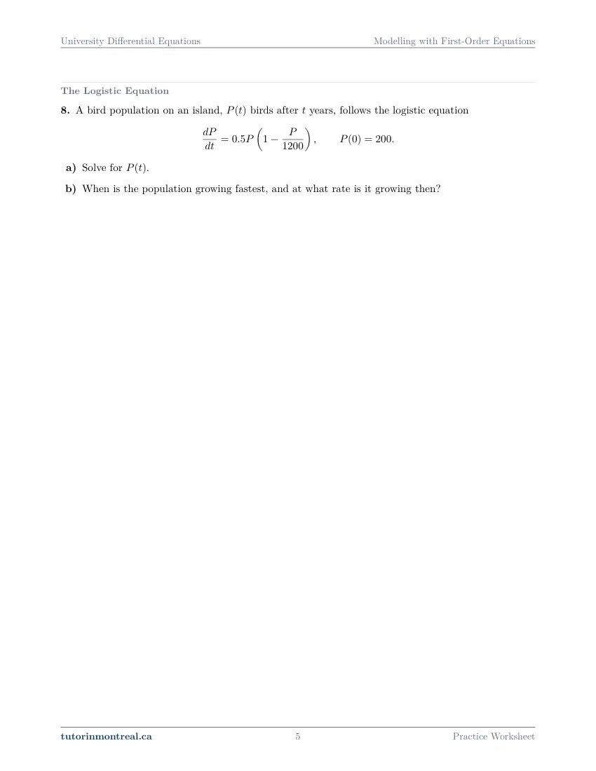 Page 5 of the University Differential Equations Modelling with First-Order Equations practice worksheet