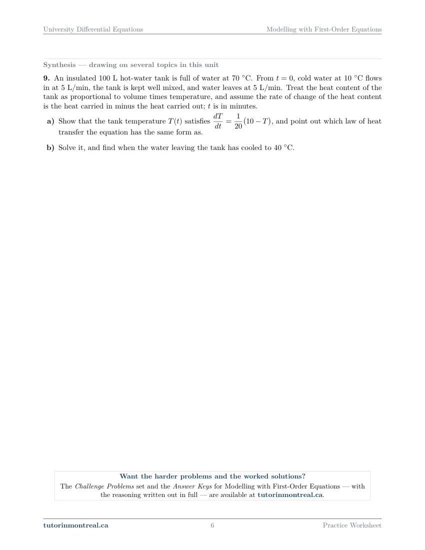 Page 6 of the University Differential Equations Modelling with First-Order Equations practice worksheet
