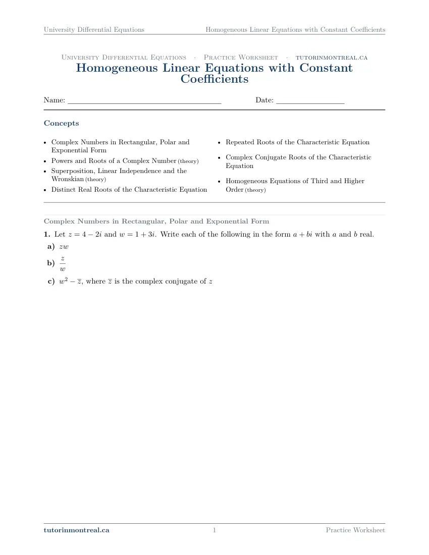 Page 1 of the University Differential Equations Homogeneous Linear Equations with Constant Coefficients practice worksheet