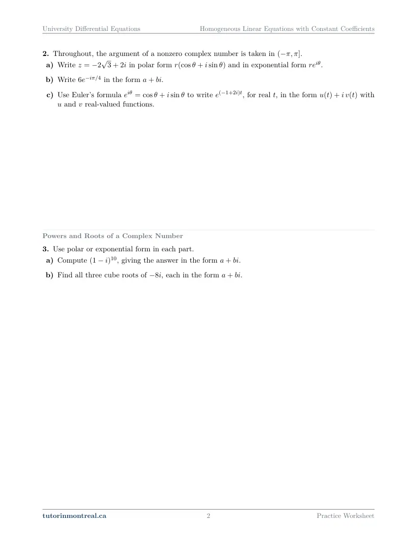 Page 2 of the University Differential Equations Homogeneous Linear Equations with Constant Coefficients practice worksheet