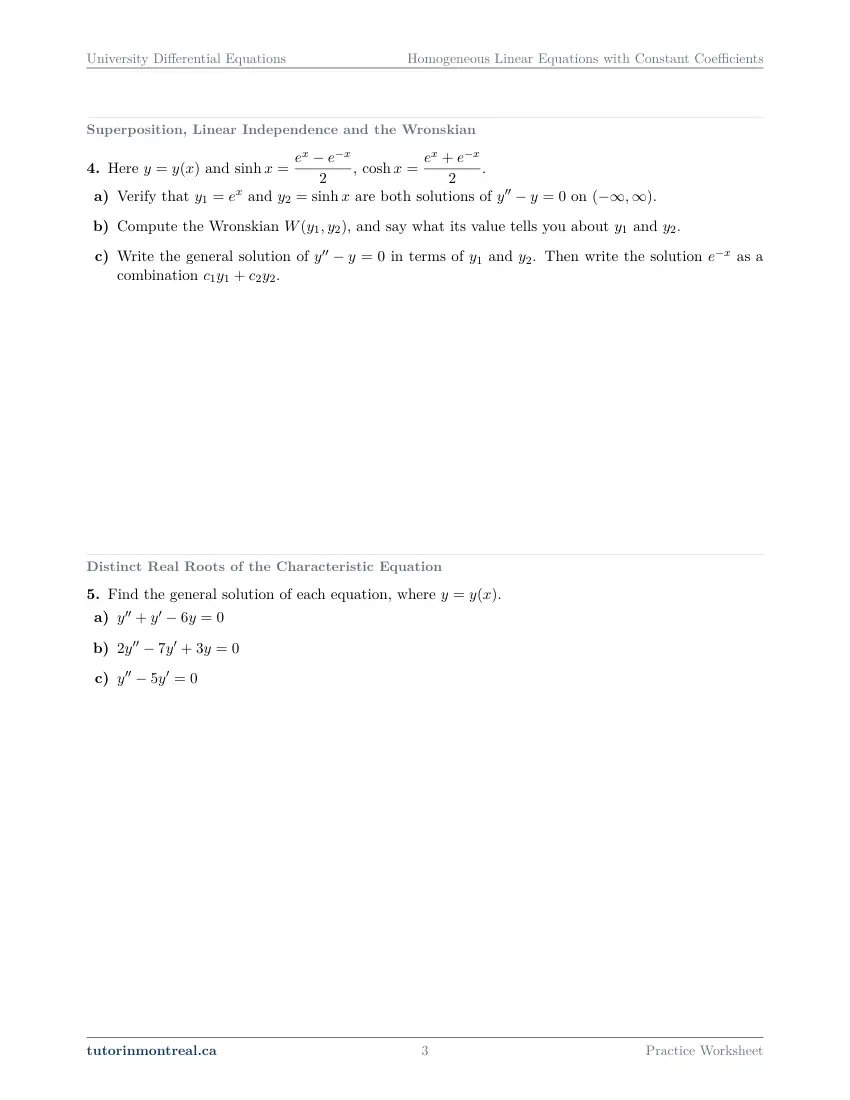 Page 3 of the University Differential Equations Homogeneous Linear Equations with Constant Coefficients practice worksheet