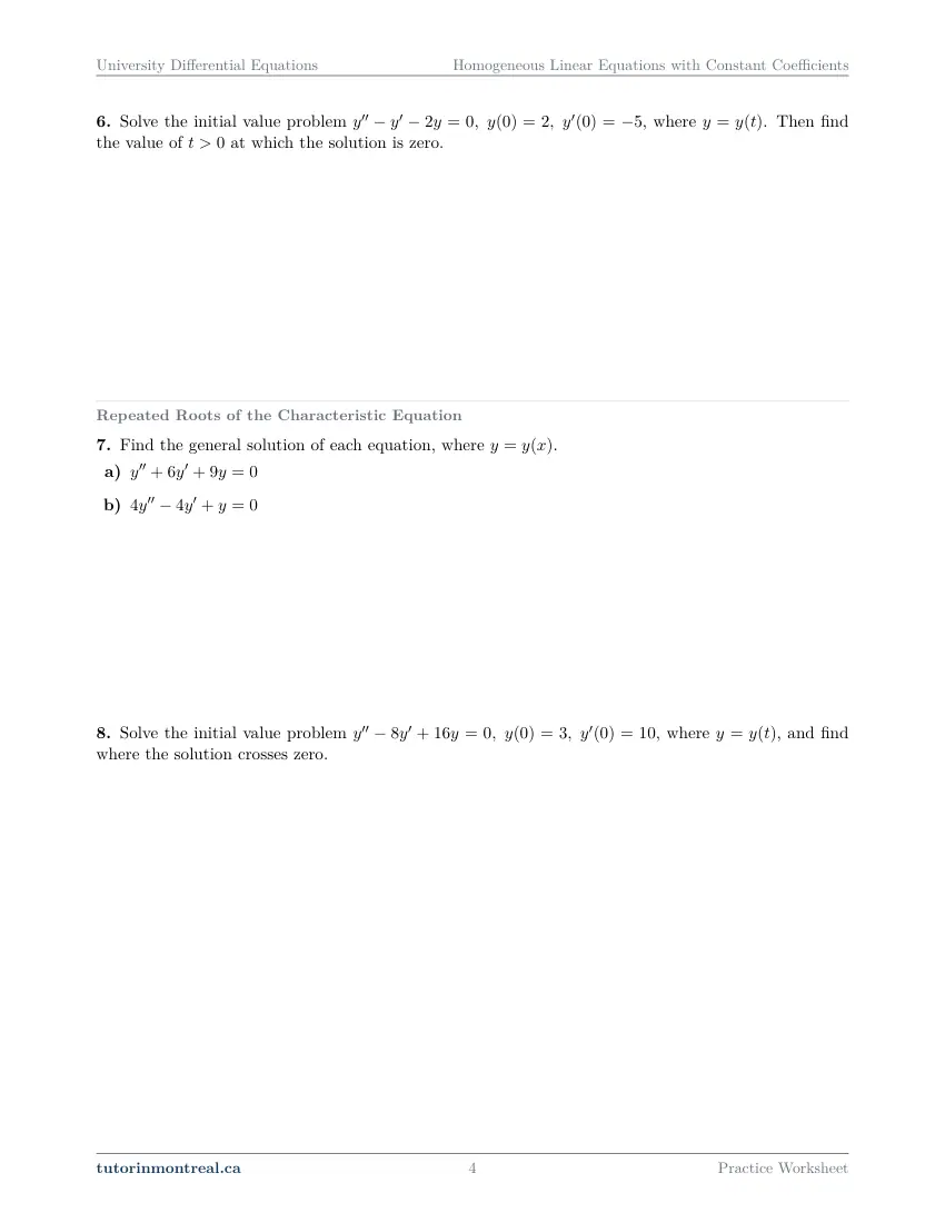 Page 4 of the University Differential Equations Homogeneous Linear Equations with Constant Coefficients practice worksheet