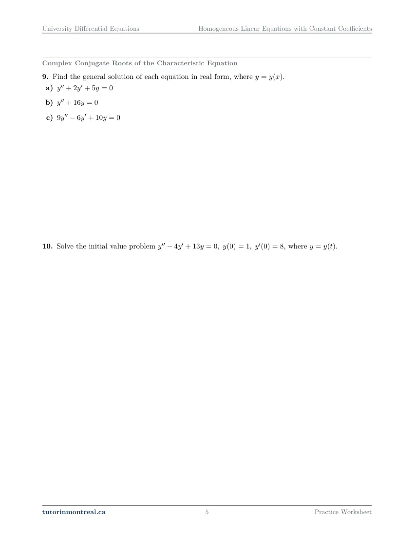 Page 5 of the University Differential Equations Homogeneous Linear Equations with Constant Coefficients practice worksheet