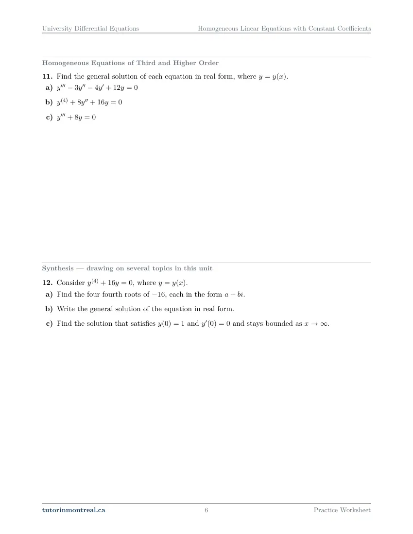 Page 6 of the University Differential Equations Homogeneous Linear Equations with Constant Coefficients practice worksheet
