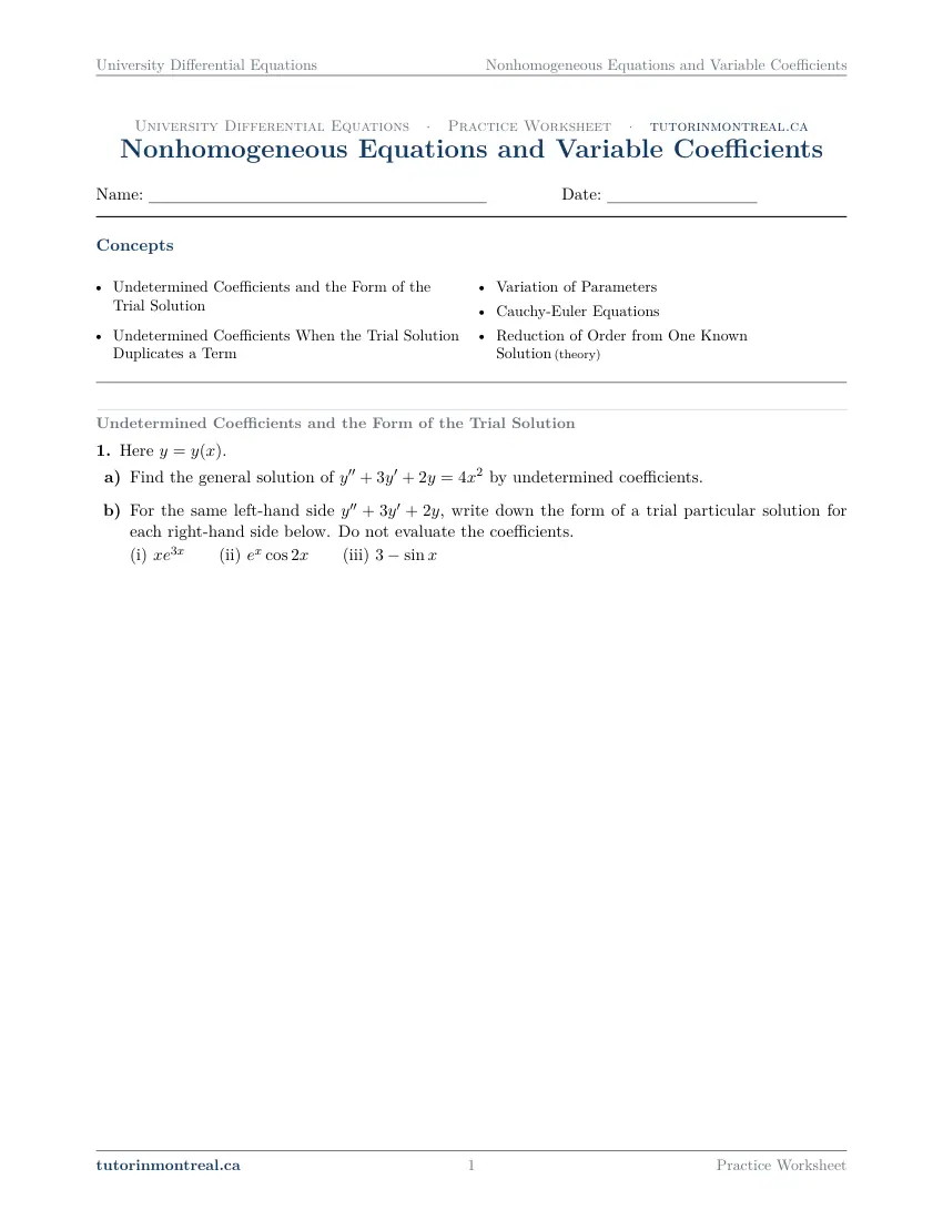 Page 1 of the University Differential Equations Nonhomogeneous Equations and Variable Coefficients practice worksheet