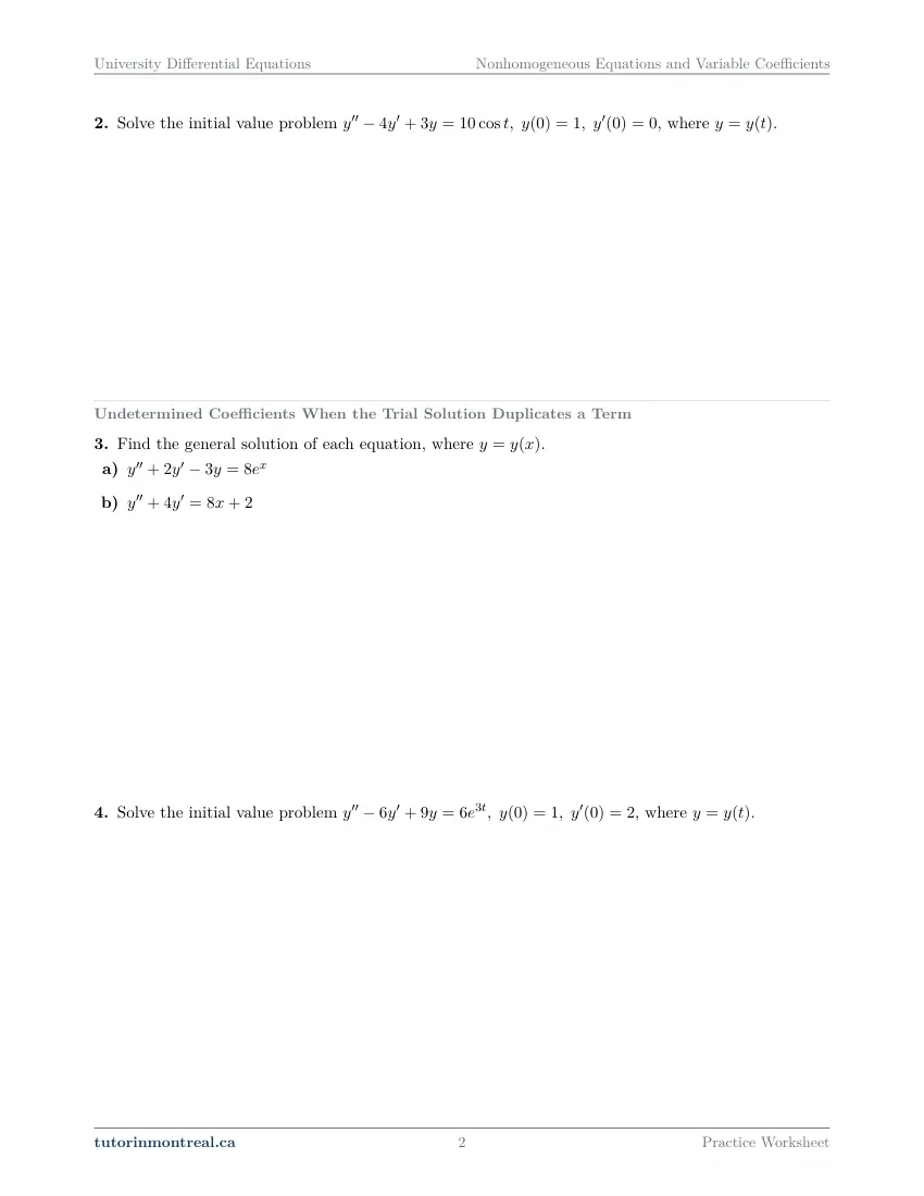 Page 2 of the University Differential Equations Nonhomogeneous Equations and Variable Coefficients practice worksheet