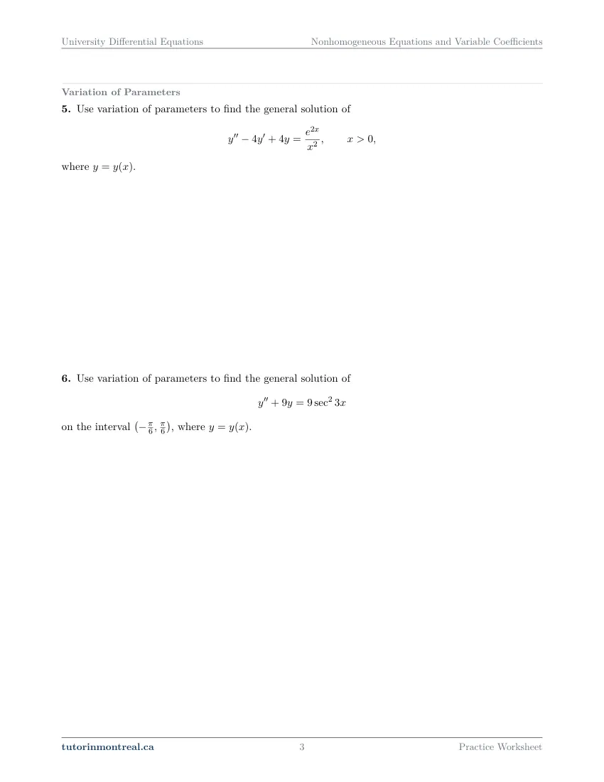 Page 3 of the University Differential Equations Nonhomogeneous Equations and Variable Coefficients practice worksheet