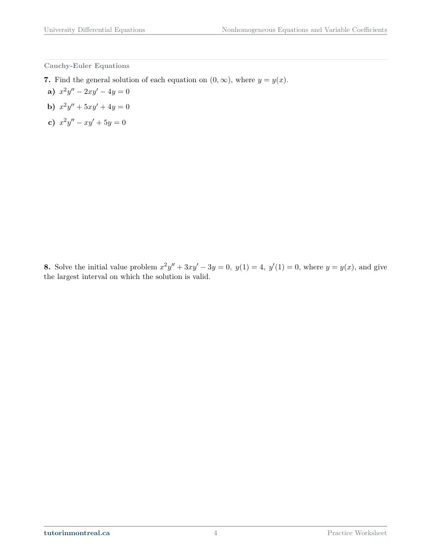 Page 4 of the University Differential Equations Nonhomogeneous Equations and Variable Coefficients practice worksheet