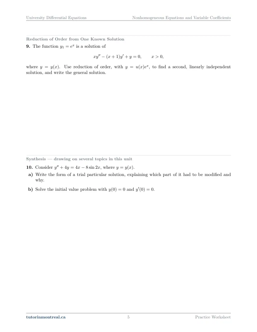 Page 5 of the University Differential Equations Nonhomogeneous Equations and Variable Coefficients practice worksheet