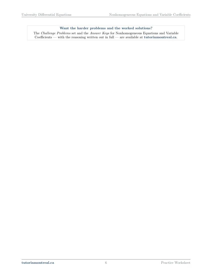 Page 6 of the University Differential Equations Nonhomogeneous Equations and Variable Coefficients practice worksheet