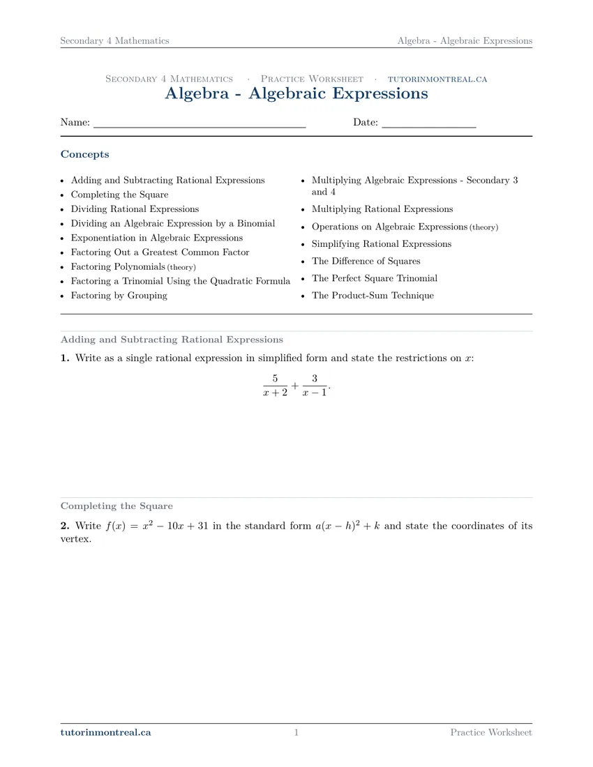 Worksheet page 1: the list of 16 concepts covered, and questions 1 and 2 on rational expressions and completing the square
