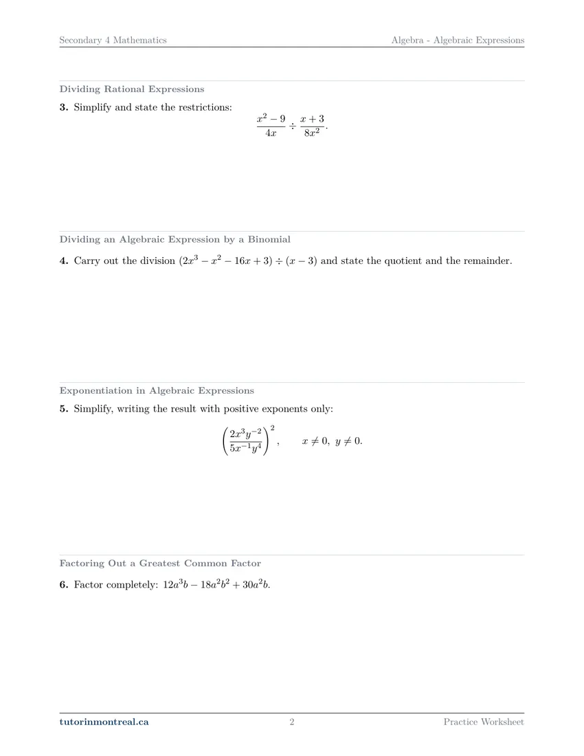 Worksheet page 2: questions 3 to 6 on dividing rational expressions, polynomial division, exponents and the greatest common factor
