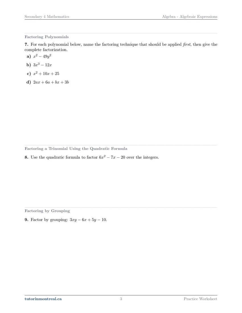 Worksheet page 3: questions 7 to 9 on naming factoring techniques, the quadratic formula and factoring by grouping