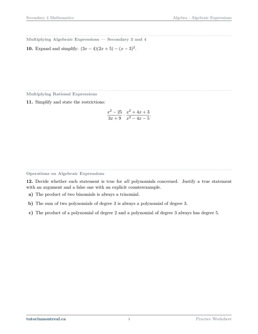 Worksheet page 4: questions 10 to 12 on expanding, multiplying rational expressions and polynomial theory